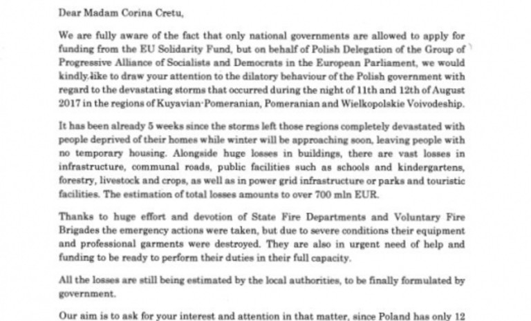 Prośba o szczególną troskę komisarz ds. polityki regionalnej dla poszkodowanych w nawałnicach